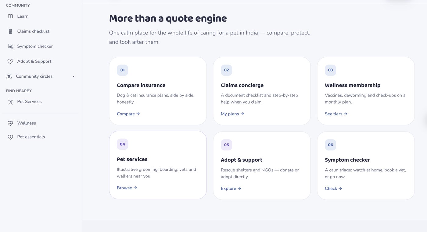 Pet Insurance Platform home screen, comparison and concierge cards